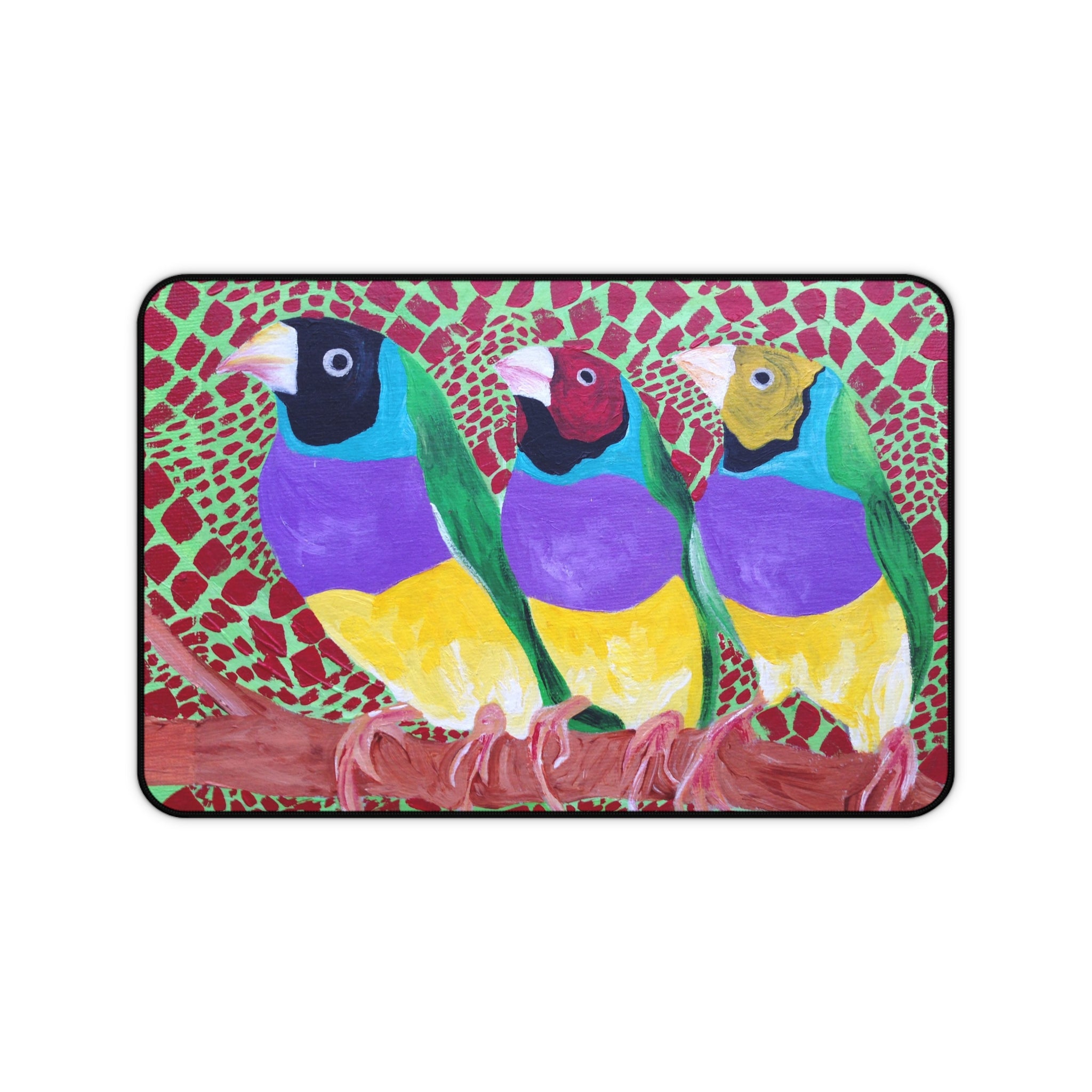 Gouldian Finch Trio - Colorful Bird Desk Mat — Three Birds on Patterned Background